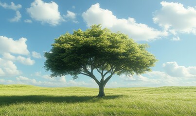 Obraz premium Isolated acacia tree standing in the middle of an open grassy field under a cloudy blue sky, serene countryside landscape, soft natural colors, tranquil mood