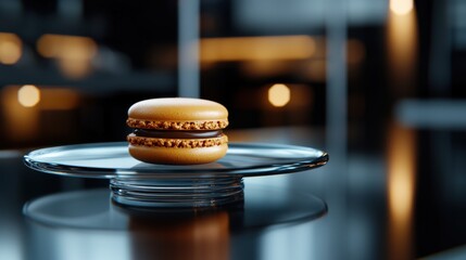 Fototapeta premium An exquisite golden macaron rests alone on a sleek glass plate, illuminated by soft, warm light in a modern kitchen setting, showcasing its delicate texture and rich flavors