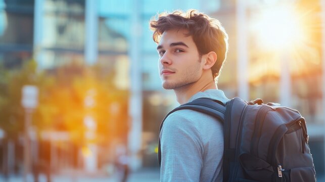 Young Man with Backpack in Urban Setting at Golden Hour