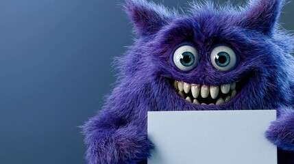 Obraz premium A colorful purple monster with large eyes and a wide grin stands holding a blank sign. The simple background highlights its playful demeanor and fluffy texture