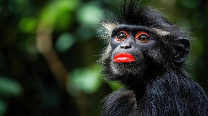 Obraz premium This monkey, adorned with striking red lips, sits attentively amidst dense foliage, showcasing its natural curiosity and vivid appearance in a vibrant forest ecosystem