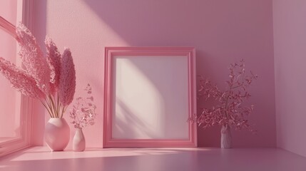 Pink frame with plant vases on a shelf against a pink wall, evoking minimalist style. Ideal for showcasing art and design in home decor or lifestyle projects.