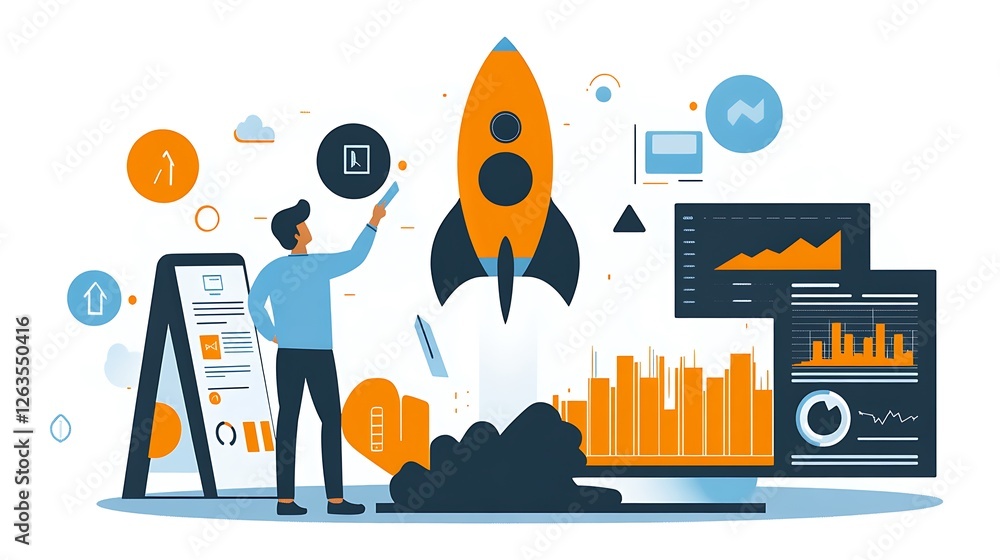 Poster man launching a rocket with business analytics data.