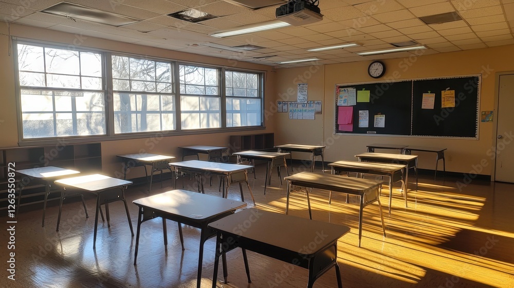 Aufkleber desks are arranged in a spacious classroom, illuminated by warm sunlight coming through the large wi