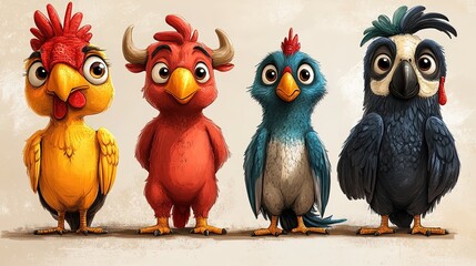 Fototapeta premium Colorful cartoon birds with unique expressions