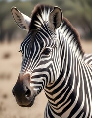 Naklejka premium Portrait of Male Zebra with Detailed Stripes and Serene Eyes in Savanna