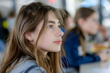 Fototapeta premium Young teen Enjoying Lunch in School or College Cafeteria Setting with Salad Bowls and Warm Lighting, Generative Ai