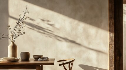   A vase sits atop a wooden table, alongside a table with plates and cups