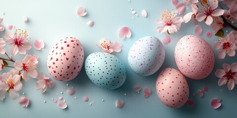 Colorful Easter eggs with cherry blossoms create a festive spring atmosphere on a light background