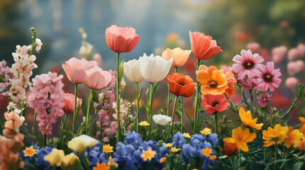 Fototapeta premium vibrant spring garden in full bloom with colorful flowers, including poppies, snapdragons, and daisies, bathed in warm sunlight. soft focus background enhances dreamy atmosphere
