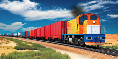 Bright orange train hauling colorful cargo in desert landscape