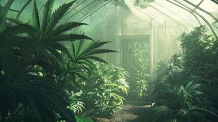 Lush cannabis plants thriving in a greenhouse.