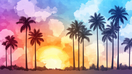 Vibrant tropical sunset with textured clouds and silhouetted palm trees, creating serene and dreamy atmosphere. colorful sky blends warm and cool tones, enhancing scenic beauty