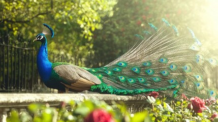 Obraz premium A majestic peacock perched atop a stone wall overlooking a vibrant green park bursting with red blossoms and towering trees