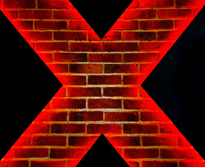 Stylish masculine bricks symbol letter X with neon red glow. Isolated black background.