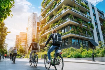 Bicyclists enjoy a sunny ride past modern eco-friendly apartments in an urban setting