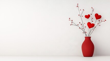  A crimson vase filled with scarlet hearts perched on a snow-white wall alongside a vase brimming with red blossoms
