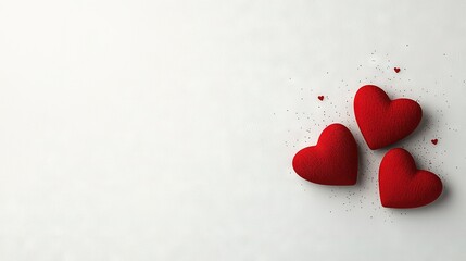 Fototapeta premium Three red hearts on a white surface, with sprinkles on top and bottom