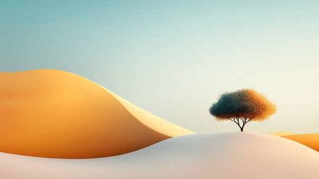   A solitary tree against rolling sand dunes with a clear blue sky overhead