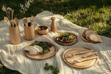 Outdoor picnic setup featuring wooden utensils, fresh food, and a cozy blanket on green grass in a sunny park