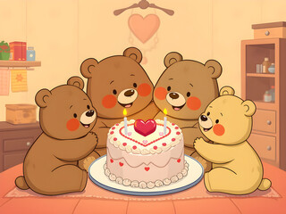 Fototapeta premium A family of happy bears sharing a heart-shaped cake, cozy interior, warm lighting, cartoon style