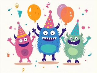 Fun and Playful Happy Birthday Greeting Card Template Featuring Adorable Monster Characters with Party Hats and Colorful Balloons for Celebrations