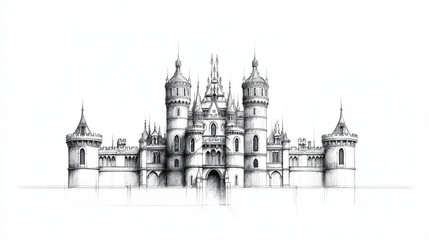 Fototapeta premium Prächtiges Märchenschloss in detaillierter blauer Zeichnung