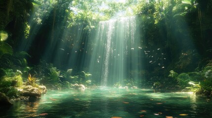 Fototapeta premium Lush Waterfall in a Tropical Jungle