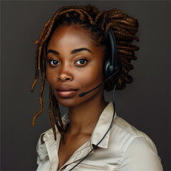 Beautiful black woman with headset, Customer service website design graphic, Website icon of a customer advisor, Call center website
