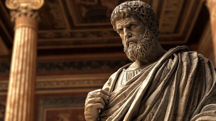 Statue of a sage with beard in a classical temple setting, epitomizing philosophical thought. Ideal for historical, educational, and cultural heritage projects.