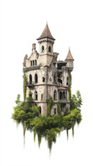 Eine geheimnisvolle Ruine auf einer schwebenden, bewaldeten Insel

