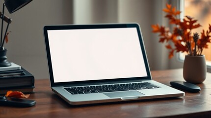 Laptop on a desk with autumn leaves and a cozy workspace for an internship fair