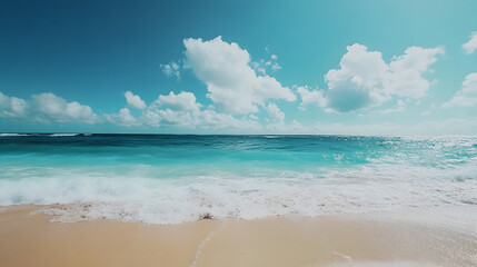Fototapeta premium A serene beach scene with clear blue skies and turquoise waters, 