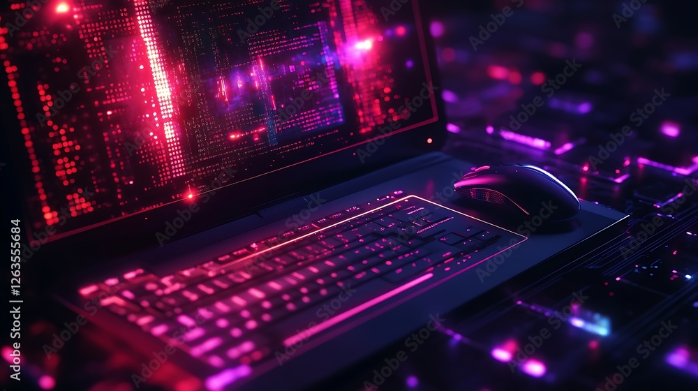 Poster neon-lit laptop with keyboard and mouse, displaying vibrant digital code on its screen.