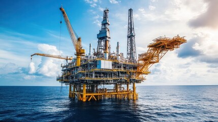 Offshore oil platform in ocean under blue sky.