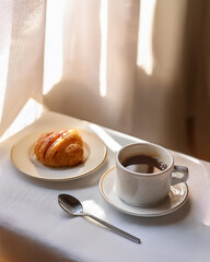 A cozy coffee setup with a cup of coffee, a spoon, and a small plate with a pastry, placed on a clean white tablecloth. Natural light coming from a window creates a relaxing atmosphere.