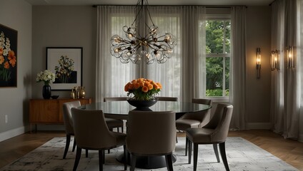 Obraz premium Elegant dining room with round glass-top table, upholstered chairs, chandelier, and sideboard