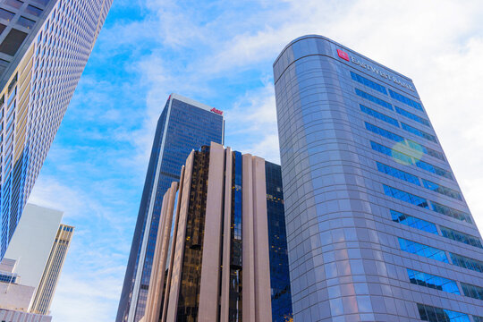 Los Angeles, California - January 7, 2025: View of East West Bank and Aon Center Towers in Los Angeles