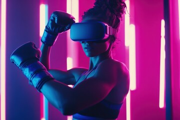 Strong female athlete wearing virtual reality headset prepares for a boxing match in neon-lit gym environment