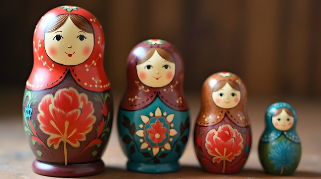 Four intricate Russian nesting dolls are lined up on a table