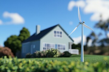 Small wind turbine near a green house in a clear blue sky during daytime