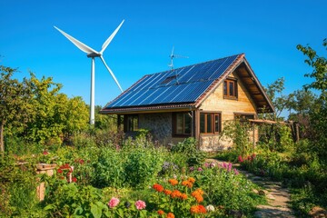 Obraz premium Cozy wooden house with solar panels and wind turbine surrounded by a colorful garden on a bright sunny day