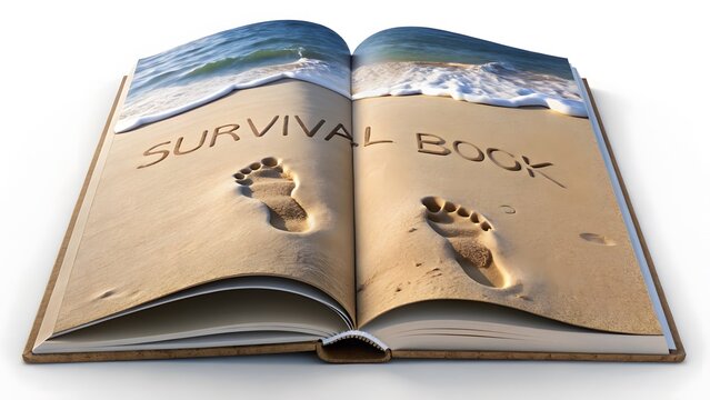 Open Book with Sand, Footprints, and Ocean Scene