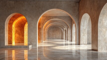 Empty arched hallway,  modern architecture, interior design, light, reflection
