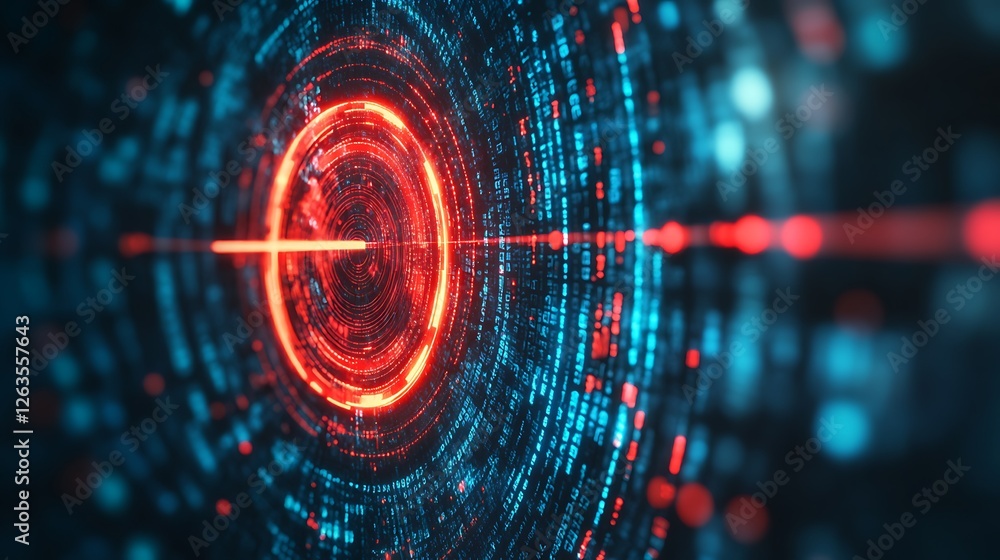 Poster abstract digital tunnel with glowing red and blue circles and data streams.
