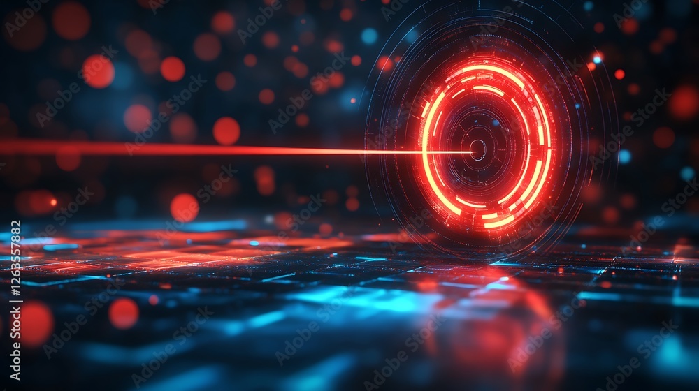 Poster abstract digital background with glowing red and blue circles and lines on dark surface.