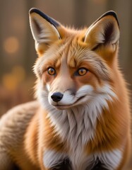 Fototapeta premium Male Red Fox Staring Intently, Fur Detailed Against Autumn Background