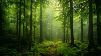 Sunlit Lush Green Forest Path - Serene Woodland Scene, Peaceful Nature, Concept of Tranquility, Calm & Nature's Renewal