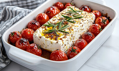 Delicious oven-baked feta cheese with roasted cherry tomatoes and fresh herbs on a marble background in a white ceramic dish