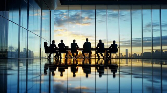 Corporate business meeting at sunrise in a modern glass office with executives discussing strategy, leadership, and innovation against a city skyline